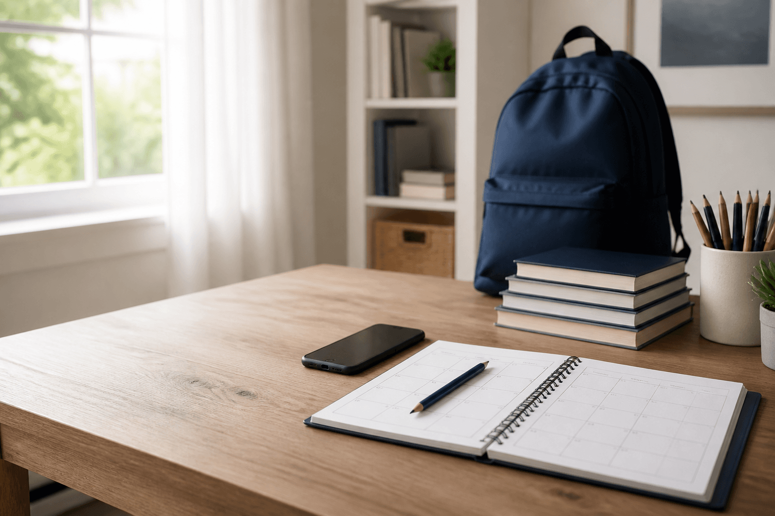 An organized study desk with a backpack, books, phone, and weekly planner